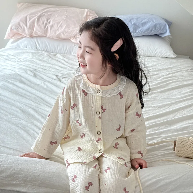 Girls Homewear Set Mom Daughter Family Matching Clothes Suit Lace Princess Pajama Muslin Cotton Outfit Baby Sleepwear Tops+Pants - Image 2