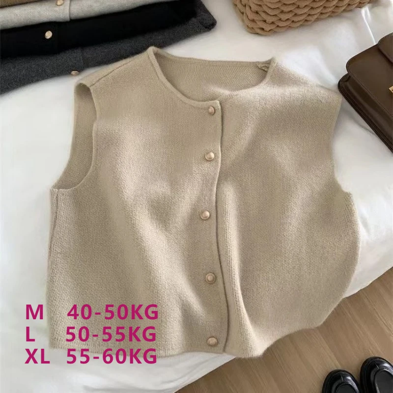 Crew Neck Women's Korean Solid Button Short Sleeve Cardigan Coats Sweater Knitted Sleeveless Ladies Elegant Tanks Bottoming - Image 6
