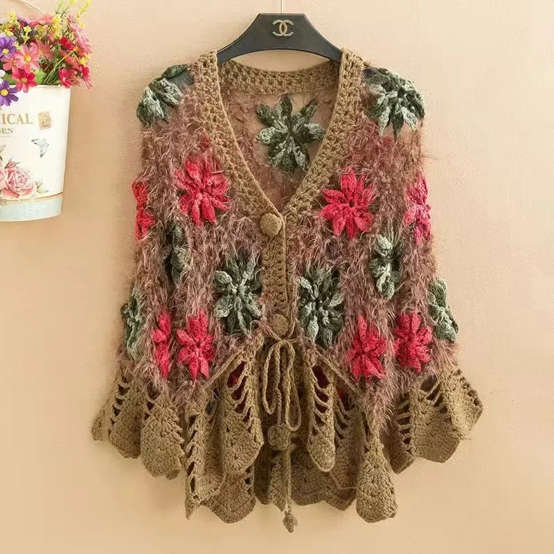 Three-Dimensional Flower Openwork Crocheted Sweater Cardigan Women's Spring And Autumn New Heavy Industry Joker Sweater 3XL Coat - Image 2