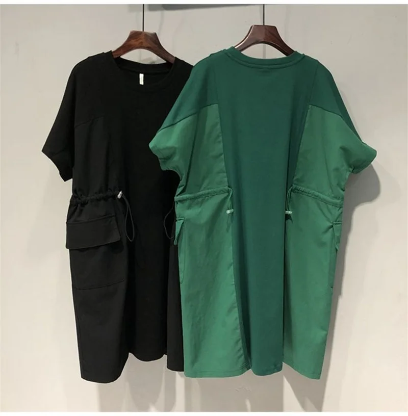 Dresses Fat Extra Large Size 300 g Double Drawstring Waist Stitching Short Sleeve Dress Female Summer Loose Fake Two Skirts 2 - Image 2