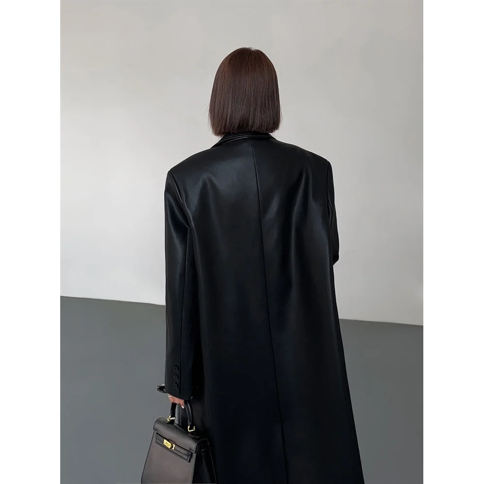 Women Leather Long Jacket Trench Oversized Faux Leather Blazer Button Down Lapel Coat with Pockets Down Shirts/Coats Work Office - Image 3