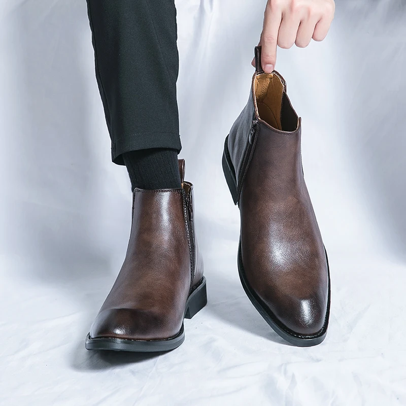 Luxury Brand Side Zipper Men's Formal Boots British Style High Top Leather Ankle Boots for Men Chelsea Boots Casual Dress Shoes - Image 6