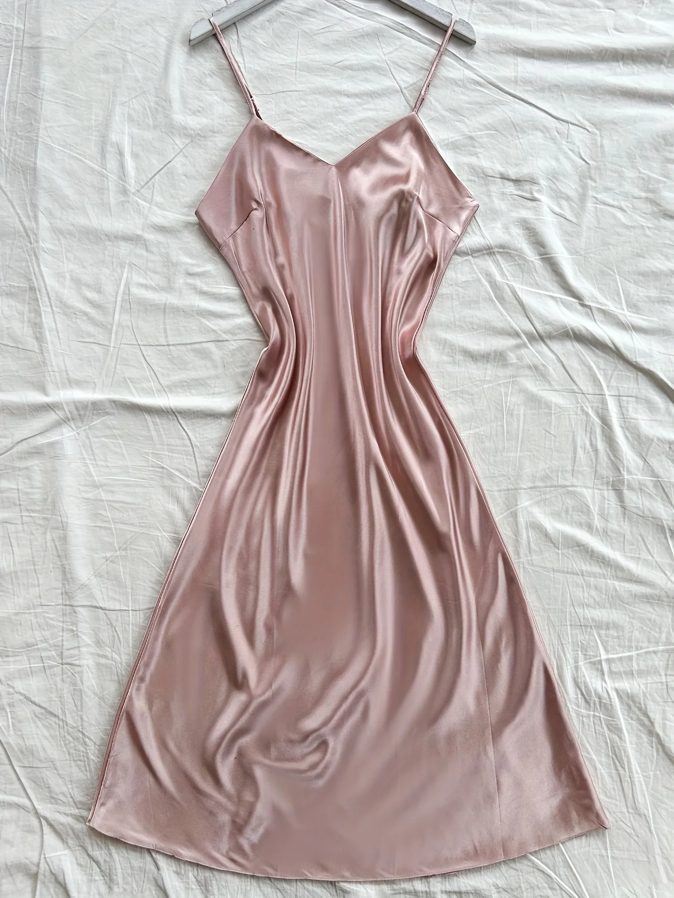 Women's Elegant Solid Color Satin Nightgown V-Neck Midi Summer Lightweight Sexy Strappy Loungewear Soft Luxurious Bright - Image 2