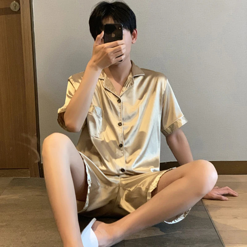 Summer New Pajamas For Man Big Size Satin Mens Pajama Sets Shorts Silk Short Sleeve Sleepwear Home Pijama Night Wear Loungewear - Image 3
