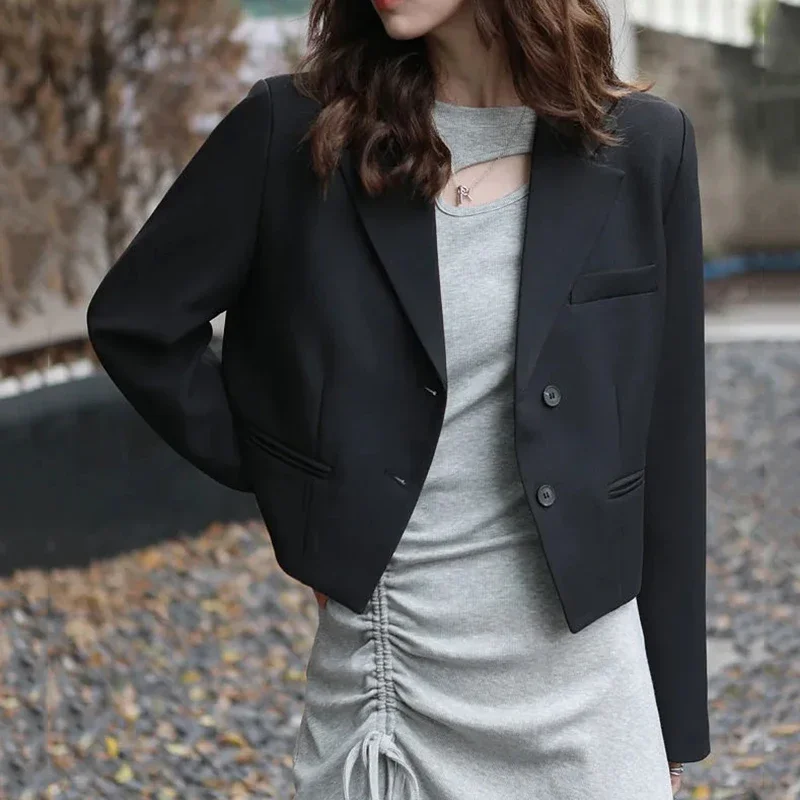 Fashion Design Cropped Suit Jacket Women 2025 Autumn Long Sleeve Korean Blazers Woman Solid Color Single-Breasted Office Coat - Image 4