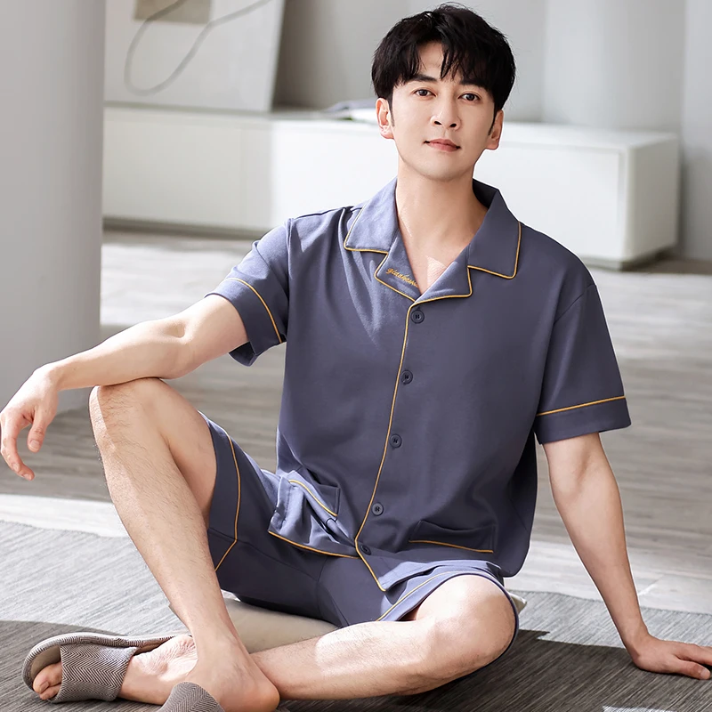 L-4XL Summer Lapel Pyjamas Knited Cotton Men's Pajamas Sets Short Sleeve Shorts Sleepwear Pyjamas Night Pijamas Homewear PJ - Image 3