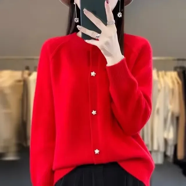 New Women Cardigan Sweater Autumn/Winter Round Neck Star Button Solid Knit Bottoming Shirt Jacket Quality Knitwear Female Tops - Image 3