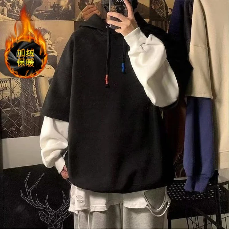 Winter Round Neck Long Sleeve Fashion Sweatshirts Man High Street Casual Loose Pullovers Fake Two Pieces Thick Drawstring Hoodie - Image 2
