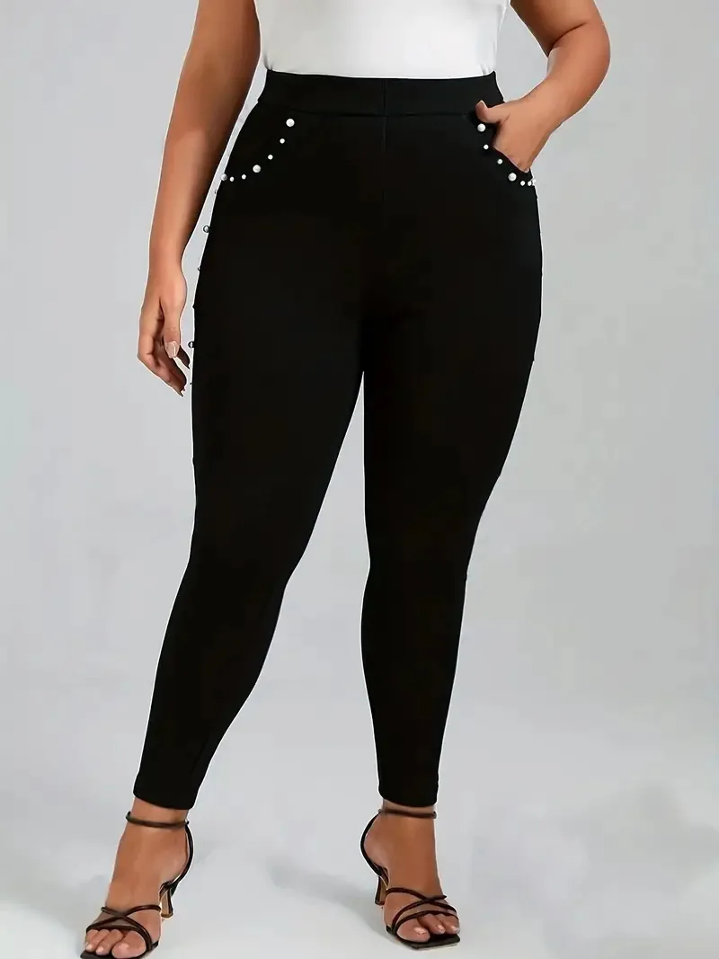 GIBSIE Plus Size Pearl Beaded Leggings For Women Spring Fall Black Elegant High-waisted Skinny Pencil Pants With Pockets - Image 4