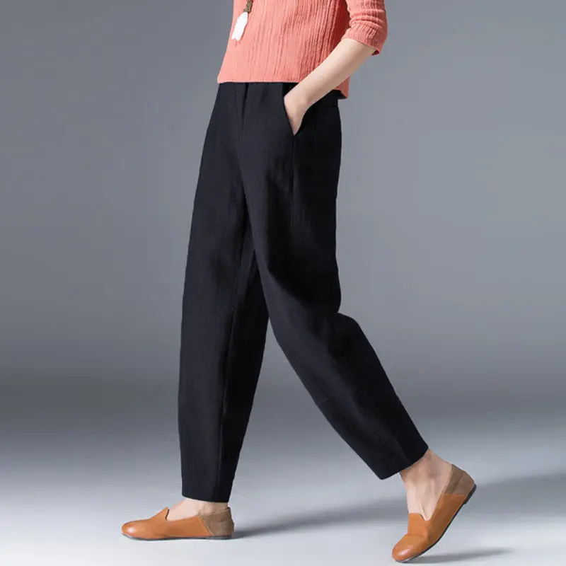 Cotton Wide Leg Pants Female Loose Oversized Solid Color Harem Summer Casual Elastic Waist Ankle-length Pants Women Clothing - Image 5