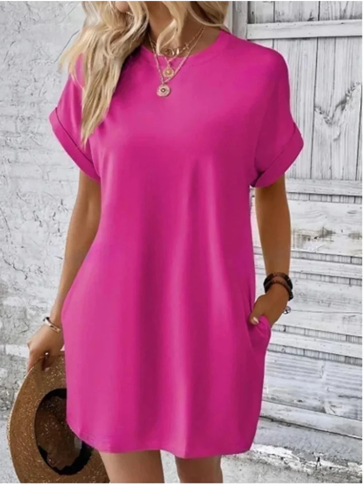 Minimalist Solid Color Mini Skirt Women's Temperament Round Neck Pocket T Shirt Dress Summer Casual 2024 New Dresses - Image 5