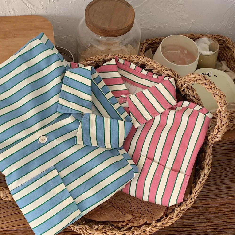 2025 Spring Fall Boys and girls Vertical stripes shirts Kids children turn-down collar casual blouses Tops - Image 6