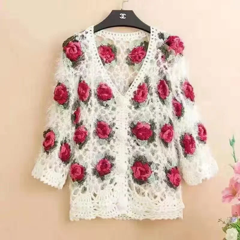 Three-Dimensional Flower Openwork Crocheted Sweater Cardigan Women's Spring And Autumn New Heavy Industry Joker Sweater 3XL Coat - Image 6