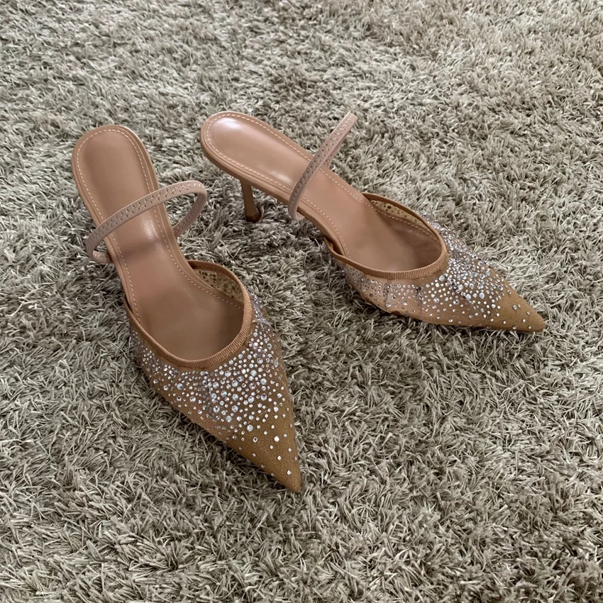 New Summer Women's Sandals Rhinestone Bright Mesh High Heels Footwear Elegant Slingback Pointed Slip on Party Lady Pumps Shoes - Image 2