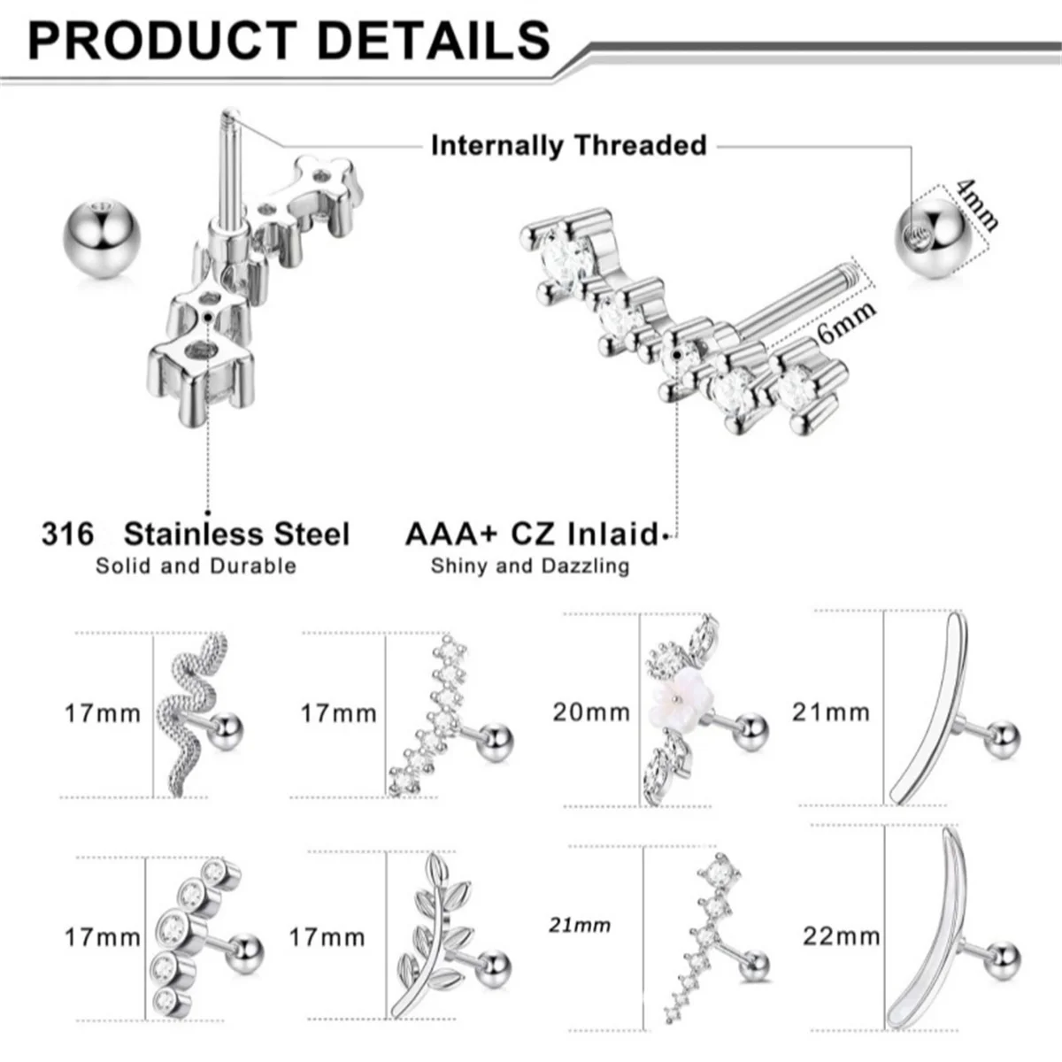 1/4/6/8Pcs 16G Stainless Steel Screw Back Stud Earrings for Women,Cubic Zerconia Cartilage Conch Helix Ear Piercing Jewelry - Image 3