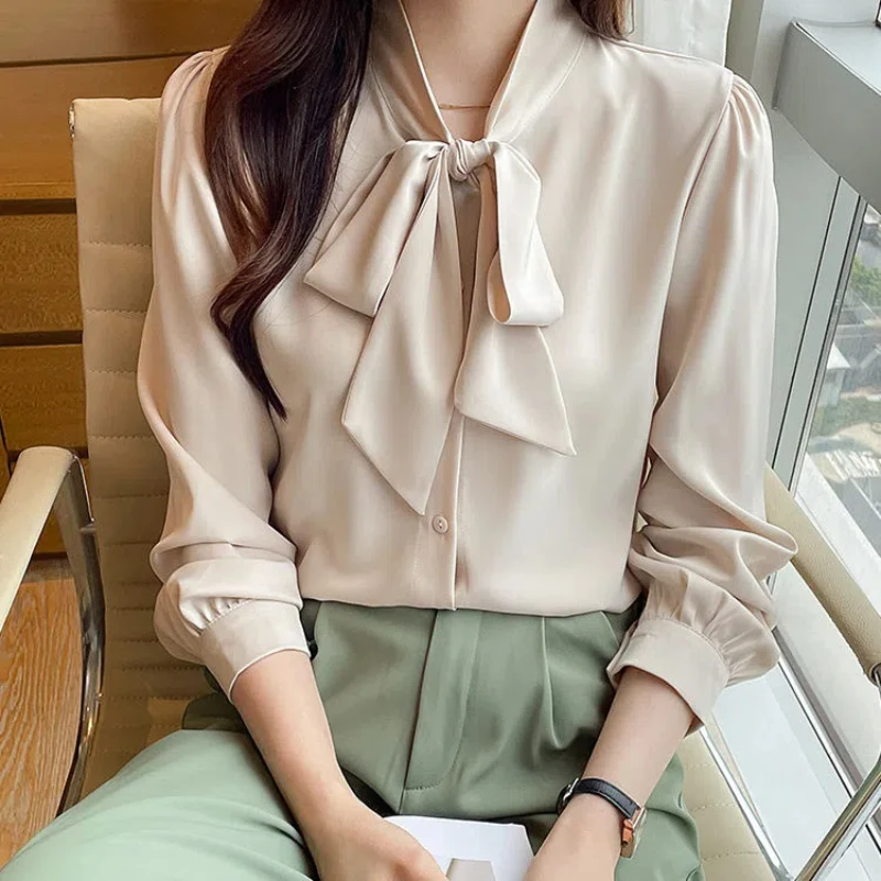 Korean Lacing Loose Solid Blouse Spring Autumn New Chiffon Long Sleeve All-match Elegant Shirt Tops Fashion Office Women Clothes - Image 4