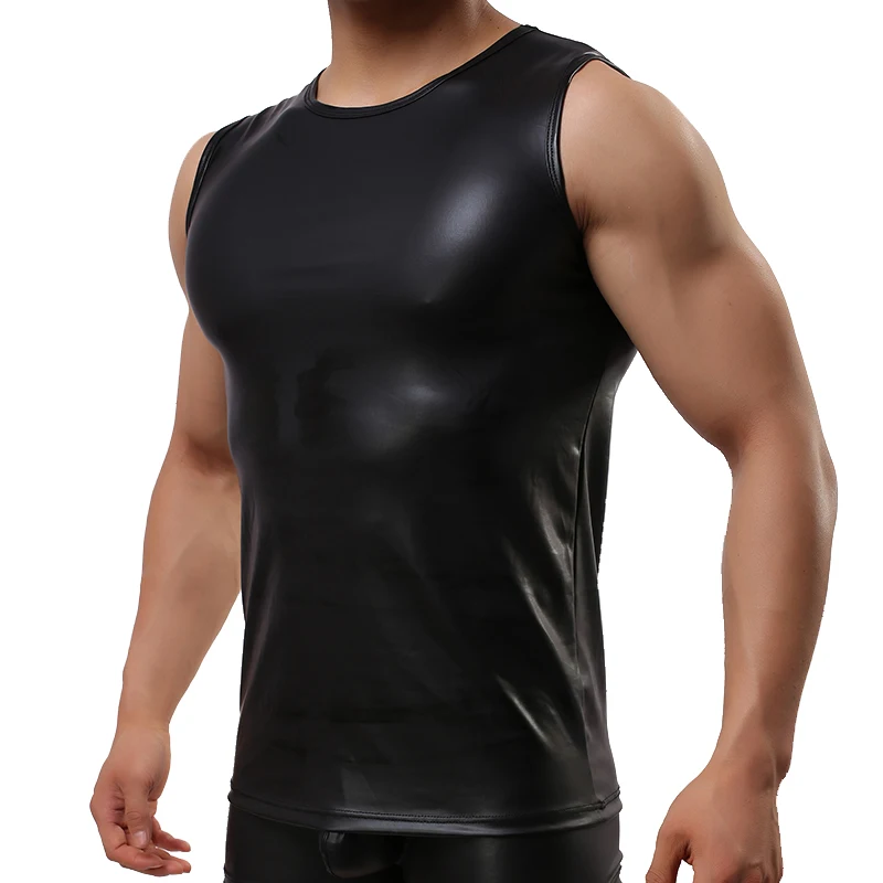 Mens Sexy PU Leather Tank Tops Sleeveless Shaping Sheath Stretch Shirts Soft Patent Leather T-shirts Sexy - Image 4