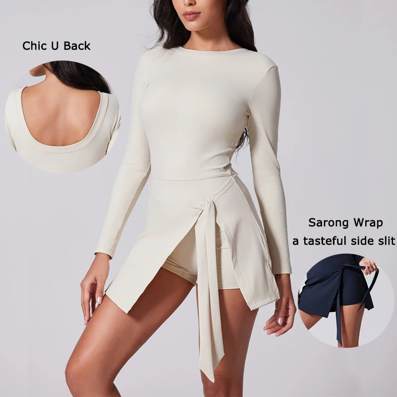 VITALINOVO Womens High Neck Tennis Dress Long Sleeve Sarong Wrap Skirt Built in Shorts Golf Athletic Dress Workout Rompers - Image 5