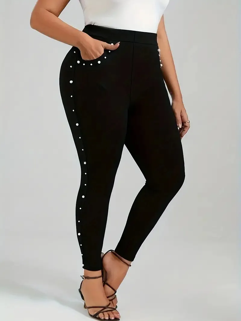 GIBSIE Plus Size Pearl Beaded Leggings For Women Spring Fall Black Elegant High-waisted Skinny Pencil Pants With Pockets - Image 3