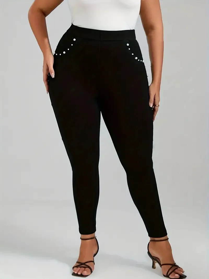 GIBSIE Plus Size Pearl Beaded Leggings For Women Spring Fall Black Elegant High-waisted Skinny Pencil Pants With Pockets - Image 5