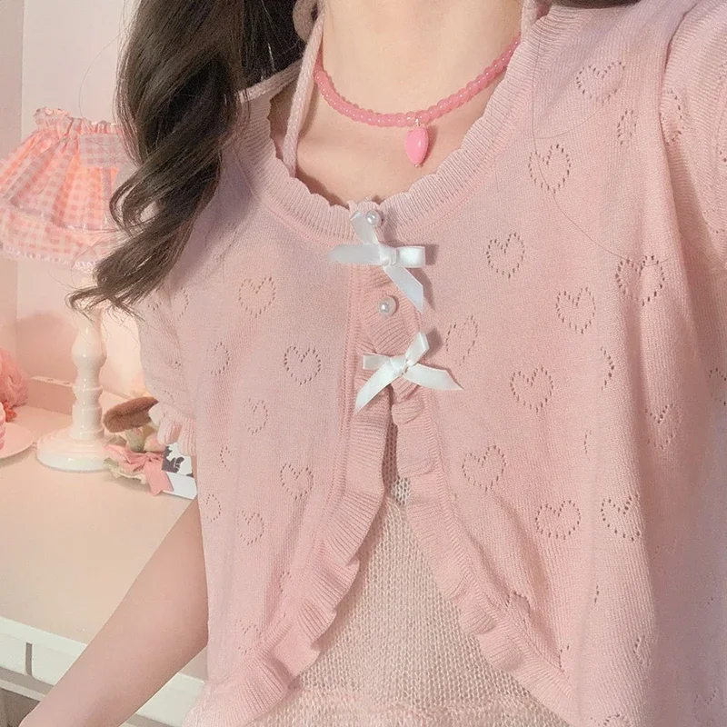 Cute Knitted Cardigan Women Pearl Button Bow Decoration Heart Hollow Out Short Sweater for Sweet Girl Kawaii Clothes - Image 2