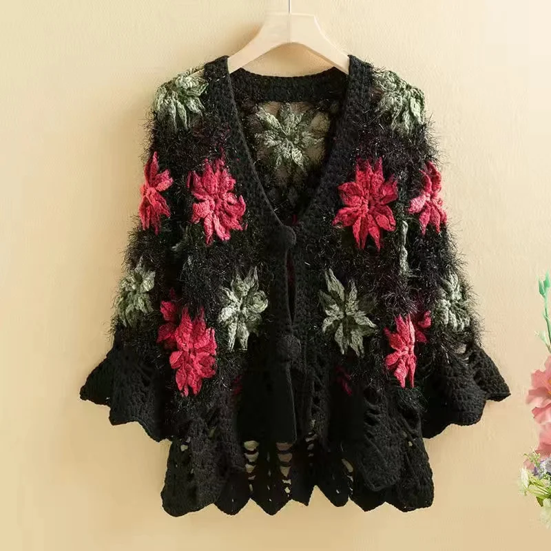 Three-Dimensional Flower Openwork Crocheted Sweater Cardigan Women's Spring And Autumn New Heavy Industry Joker Sweater 3XL Coat - Image 3