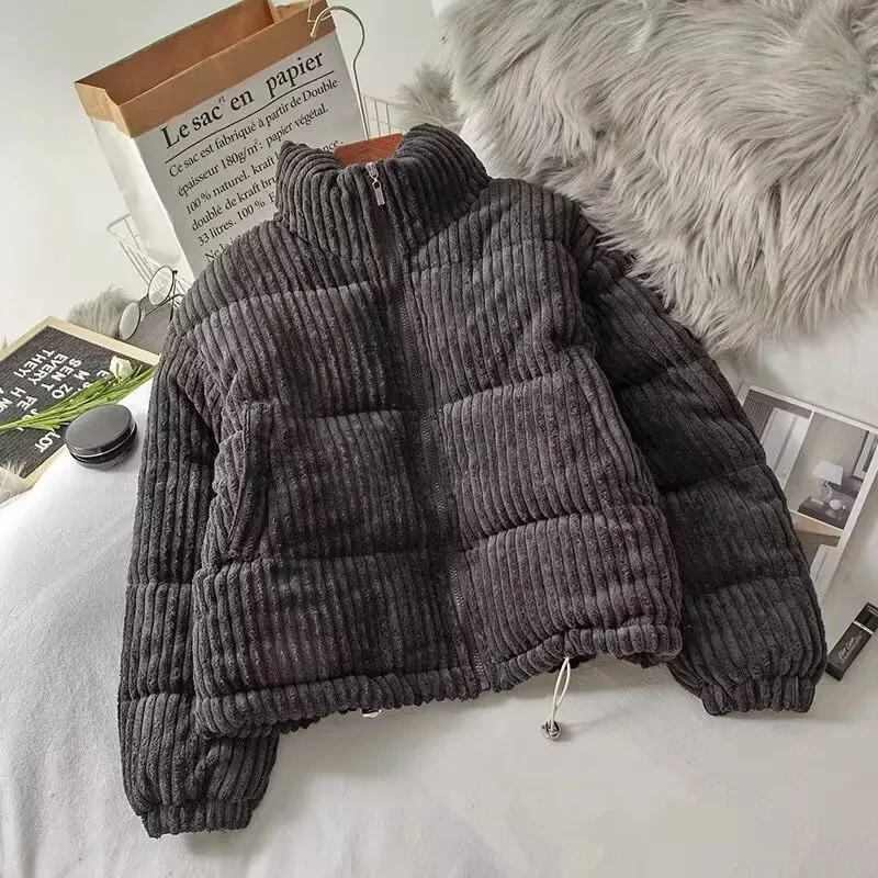 2024 New Winter Warm Thick Parkas Women Fashion Loose Crop Jacket Female Black Cotton Padded Corduroy Elegant Zipper Coat Tops - Image 5