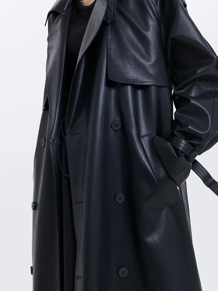 ADAgril Black Leather Trench Coat Women Retro Biker Long Windbreak Jackets Loose Korean Style Fashion Autumn Winter Clothes New - Image 5