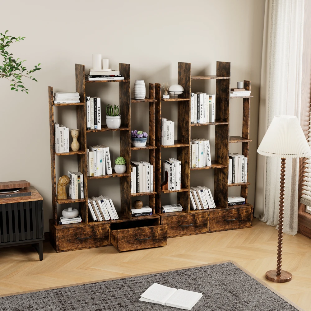 Bookshelf with 2 Drawers,Industrial Freestanding Open Display Shelving,Vintage Open Bookcase,Book Case for Bedroom, Living Room - Image 4