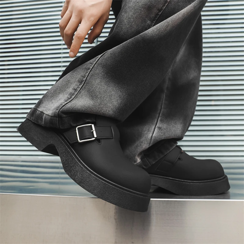 STRONGSHEN Men New Handmade Leather Shoes Round Head Dress Shoes Fashion Black Non Slip Platform Oxfords Casual Derby Shoe 39-44 - Image 6