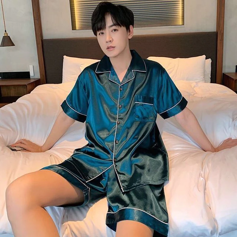 Summer New Pajamas For Man Big Size Satin Mens Pajama Sets Shorts Silk Short Sleeve Sleepwear Home Pijama Night Wear Loungewear - Image 5