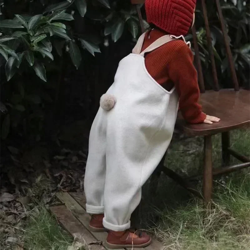Spring Autumn Boys and Girls Overalls Solid Soft Woolen Cloth Rabbit Tail Straps Jumpsuit Children Casual Warm Pants E23430 - Image 2