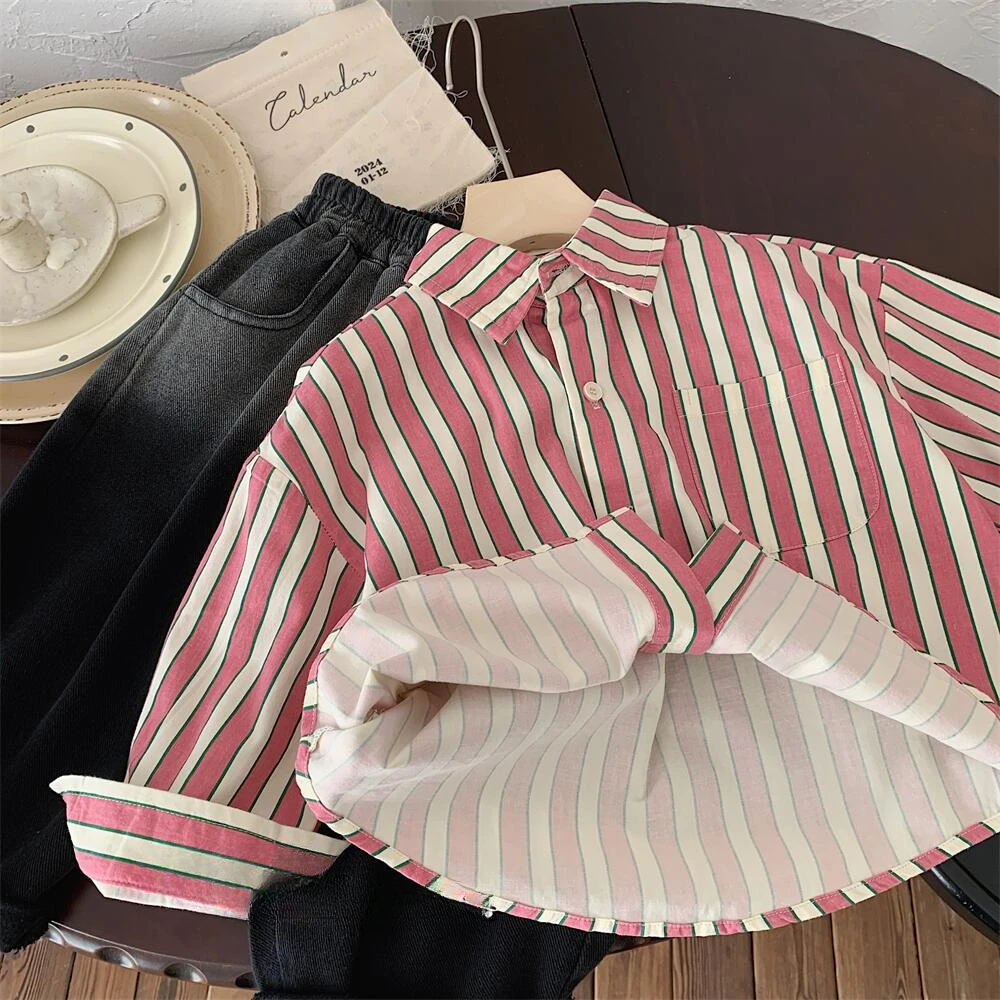 2025 Spring Fall Boys and girls Vertical stripes shirts Kids children turn-down collar casual blouses Tops - Image 4