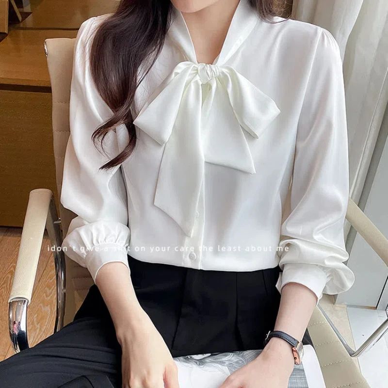 Korean Lacing Loose Solid Blouse Spring Autumn New Chiffon Long Sleeve All-match Elegant Shirt Tops Fashion Office Women Clothes - Image 2
