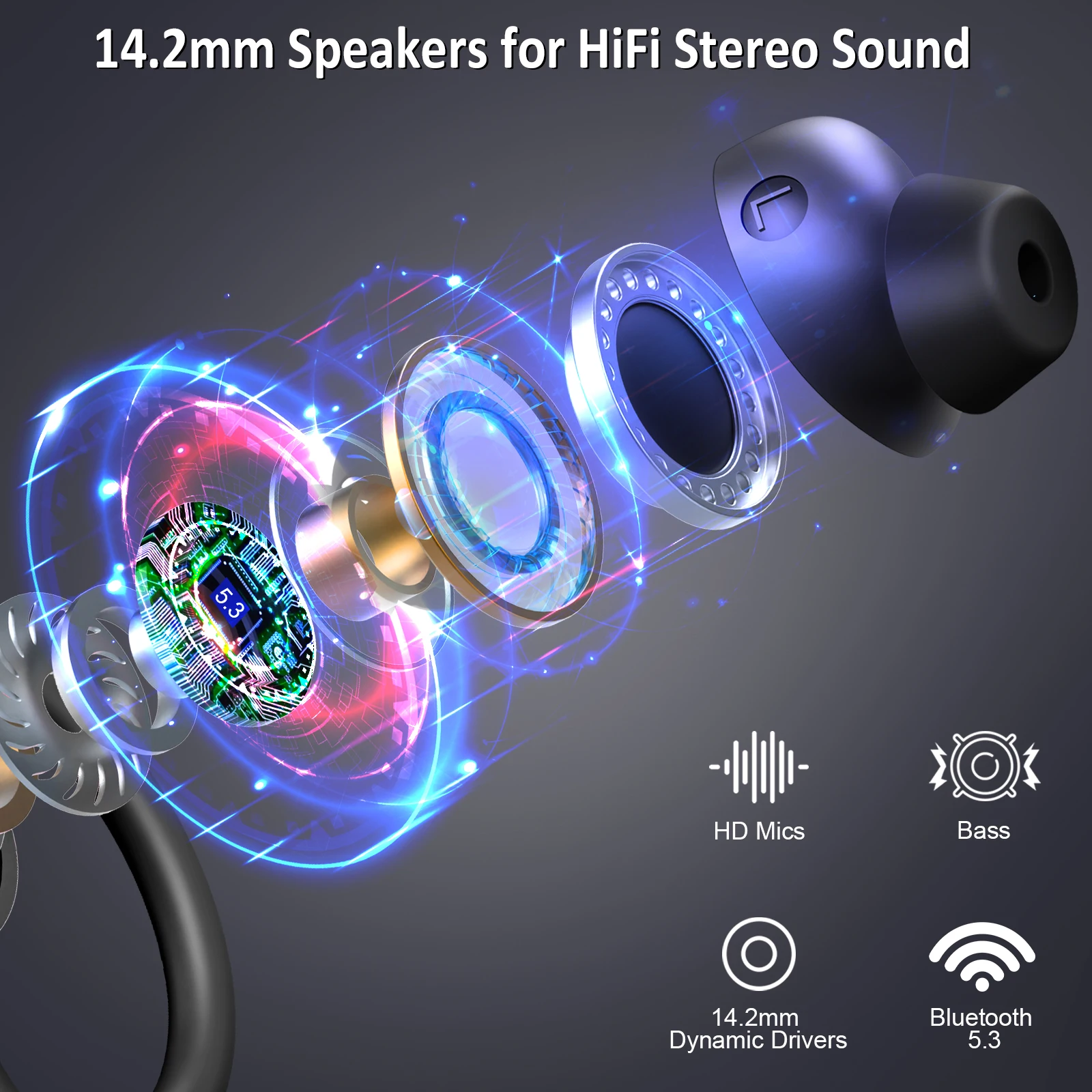 Wireless Earbuds, Bluetooth 5.3 On-Ear Headset, Noise Cancelling Mic, 48H Playtime Sports Headphones for Workout/Running. - Image 3