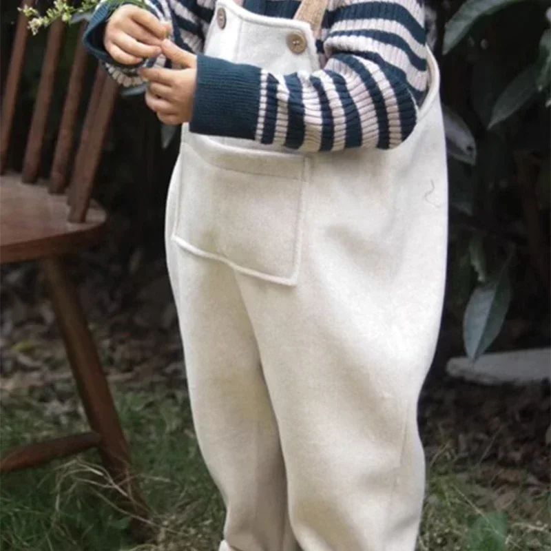 Spring Autumn Boys and Girls Overalls Solid Soft Woolen Cloth Rabbit Tail Straps Jumpsuit Children Casual Warm Pants E23430 - Image 6