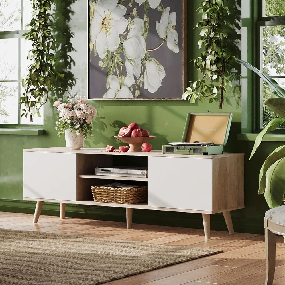 TV Stand for 55 60 inch TV, Boho Entertainment Center with Storage Cabinets, TV Console for Living Room Decor, Greige White - Image 6