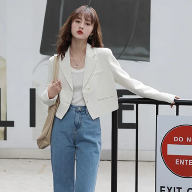 Fashion Design Cropped Suit Jacket Women 2025 Autumn Long Sleeve Korean Blazers Woman Solid Color Single-Breasted Office Coat - Image 3