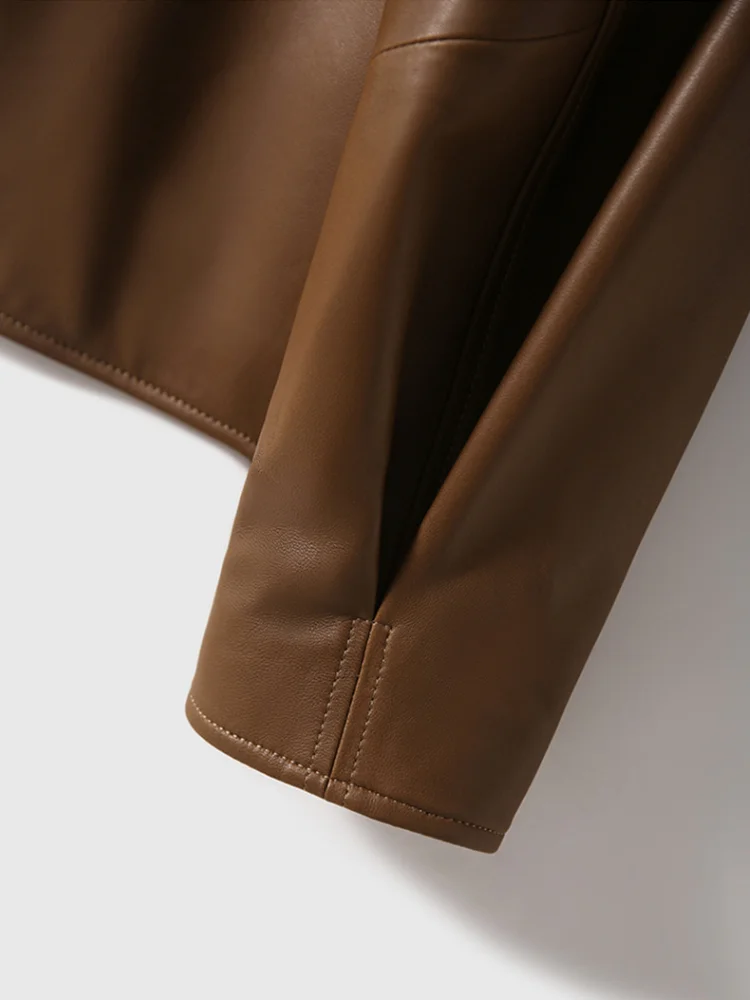 Leather Jacket with Pockets Buttons Front Faux Leather Coat Lapel Collar Long Sleeves Tops Autumn/Winter Woman Clothing - Image 6