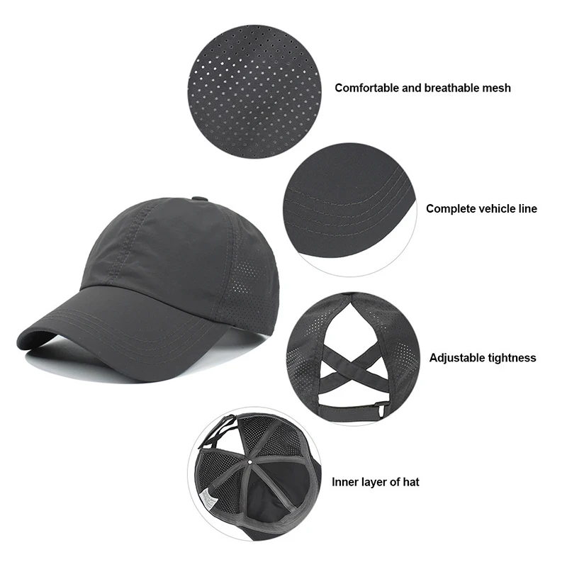 Summer Solid Color Baseball Caps Golf Wear Women Sport Leisure Cross Ponytail Hat Mesh Quick-Drying Half-Hollow Men's Peaked Cap - Image 3