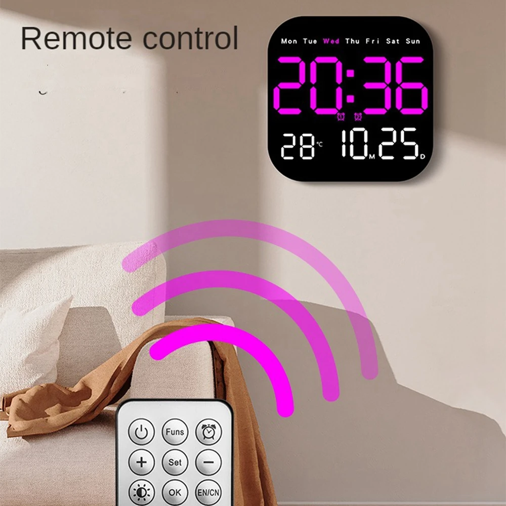 Digital Wall Clocks Temperature Date Week Dispaly Electronic Table Clock 12/24H Wall-mounted LED Alarm Clock Remote Control - Image 3