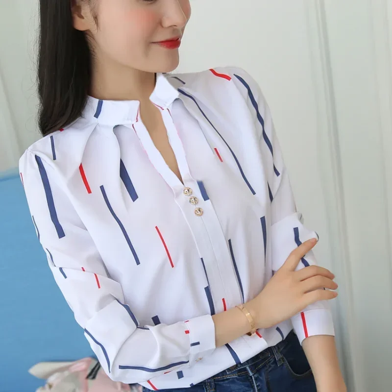 Women's Blouses Office Lady OL Work Shirts Long Sleeve Women Tops Fashion Casual White Stripe Print Female Slim Shirt - Image 3