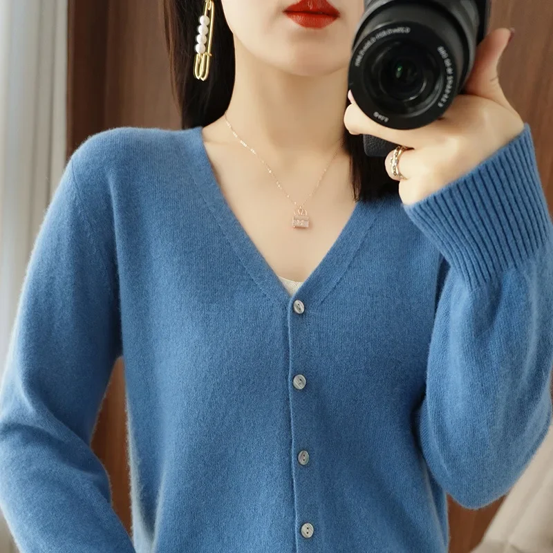 Spring Autumn Women Cardigans Single Breasted V-neck Solid Knitted Sweater Slim Female White Cardigans Casual Outerwear - Image 2