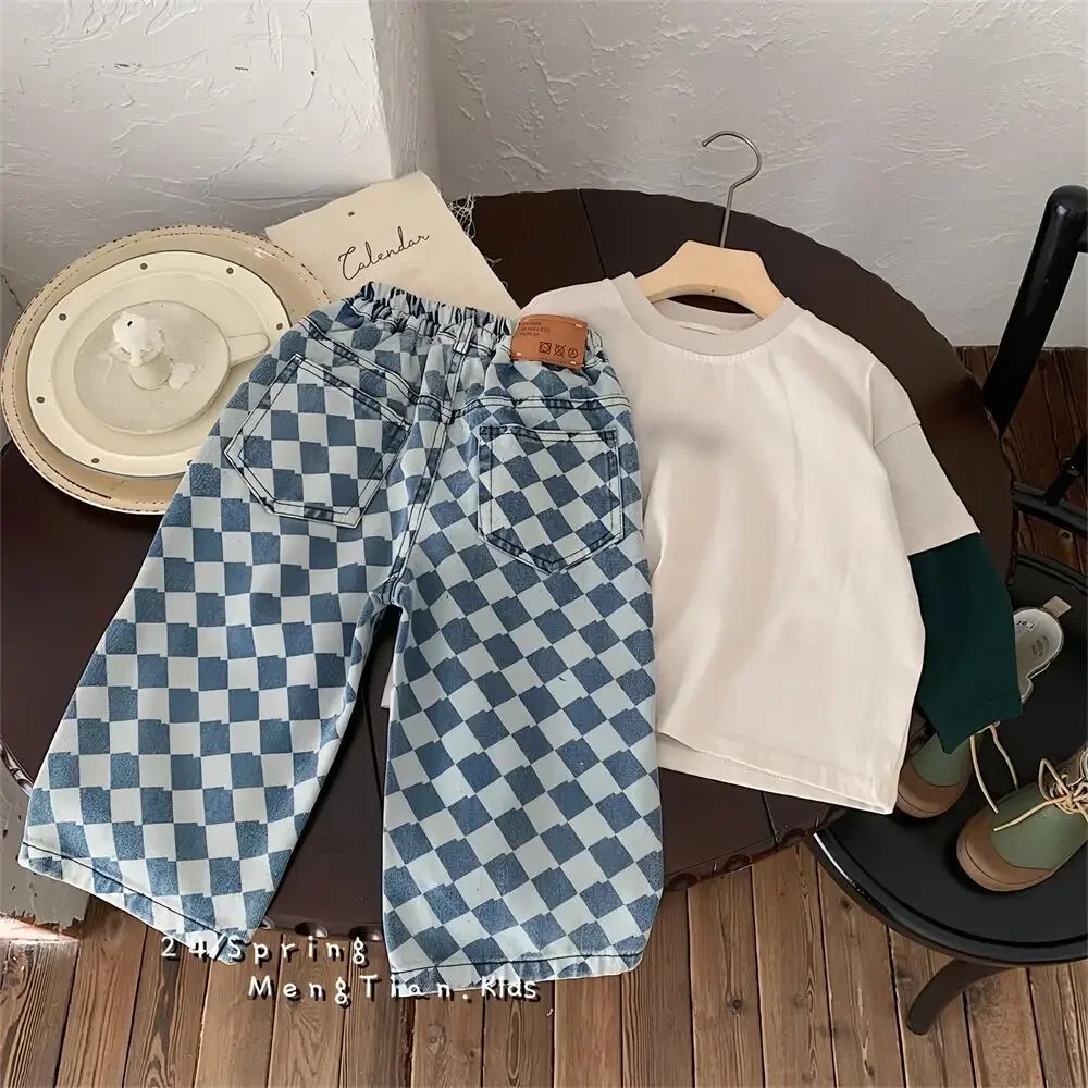 2-7 Y Kids Pants Plaid Boys Trousers Denim Kids Pants Casual Boys Jeans Fashion Kids Full Length Pants - Image 3