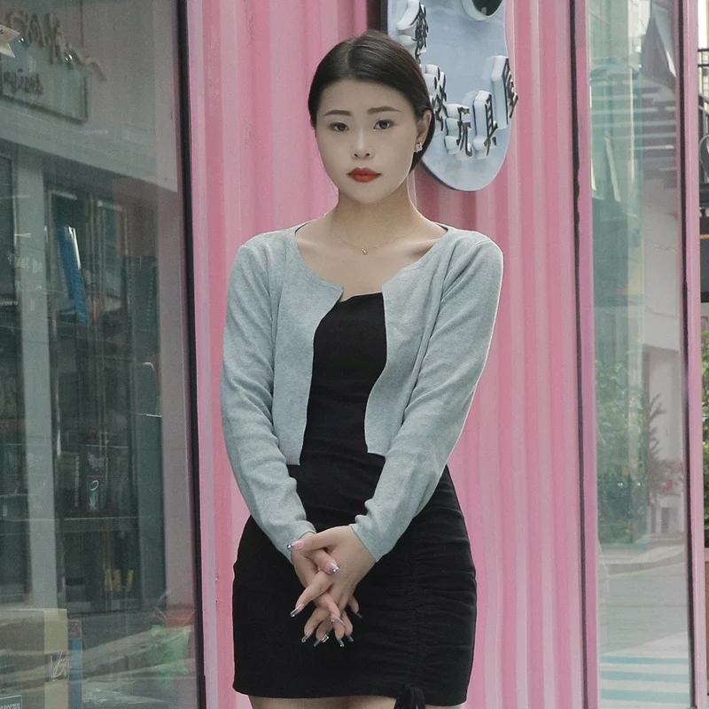 Blouses Black Cropped Knitted Sweater Korean Fashion Cardigan Female Women's Coat Spring 2025 Clothing Long Sleeve Top Jersey - Image 5