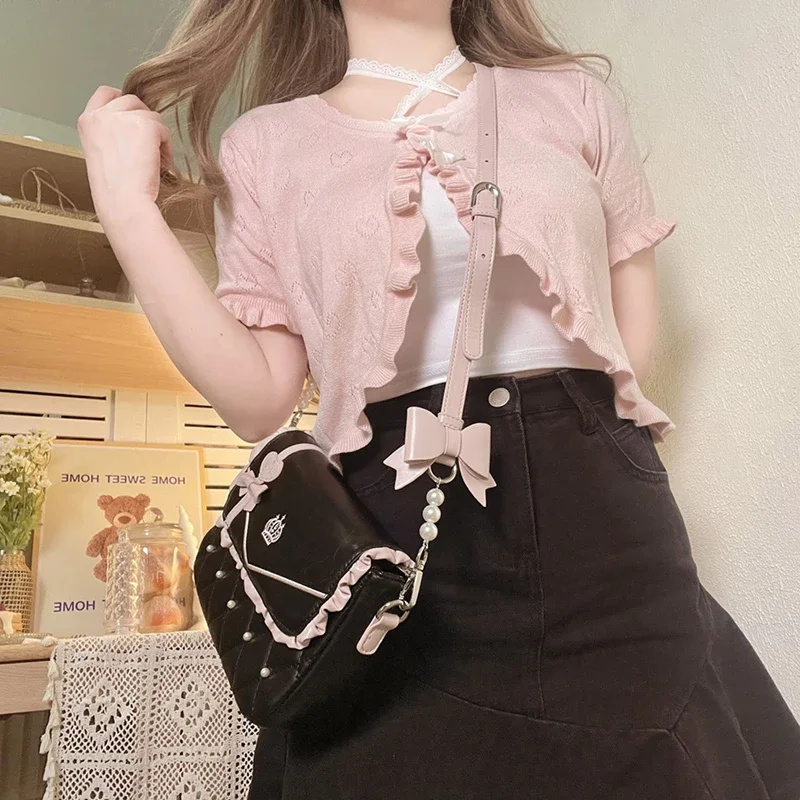 Cute Knitted Cardigan Women Pearl Button Bow Decoration Heart Hollow Out Short Sweater for Sweet Girl Kawaii Clothes - Image 3
