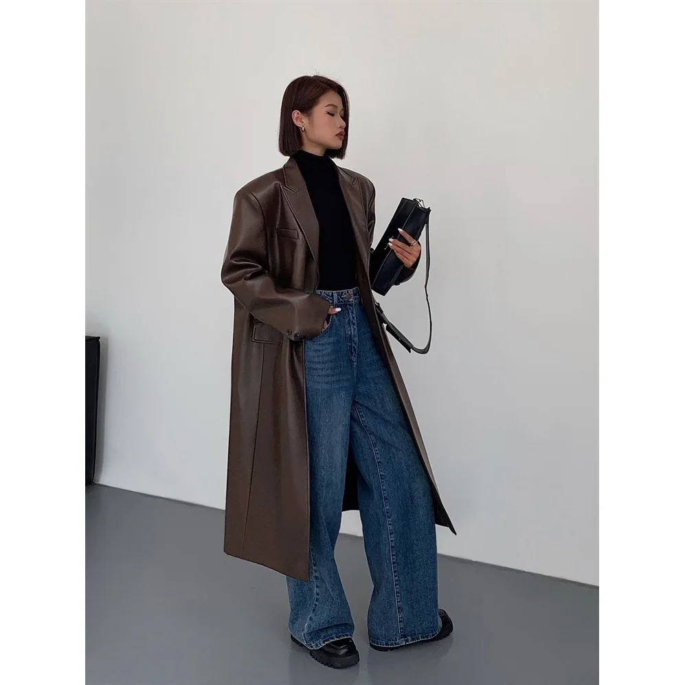 Women Leather Long Jacket Trench Oversized Faux Leather Blazer Button Down Lapel Coat with Pockets Down Shirts/Coats Work Office - Image 5