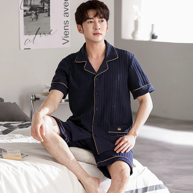 L-4XL Summer Lapel Pyjamas Knited Cotton Men's Pajamas Sets Short Sleeve Shorts Sleepwear Pyjamas Night Pijamas Homewear PJ - Image 6