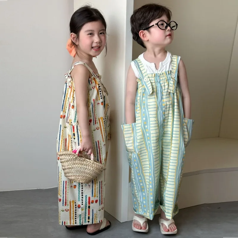 Kids Overalls Vacation Style Girls Big Pockets Straps Wide Leg Pants 2025 Spring Summer Boys Loose Thin Style Casual Trousers - Image 3