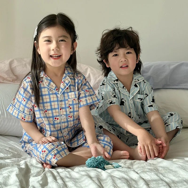Children's Pajamas Summer 1-8Y Home Clothing Set Thin Pure Cotton Boys Lapel Top Pants 2Pcs Suit Girls Cartoon Printed Sleepwear - Image 3